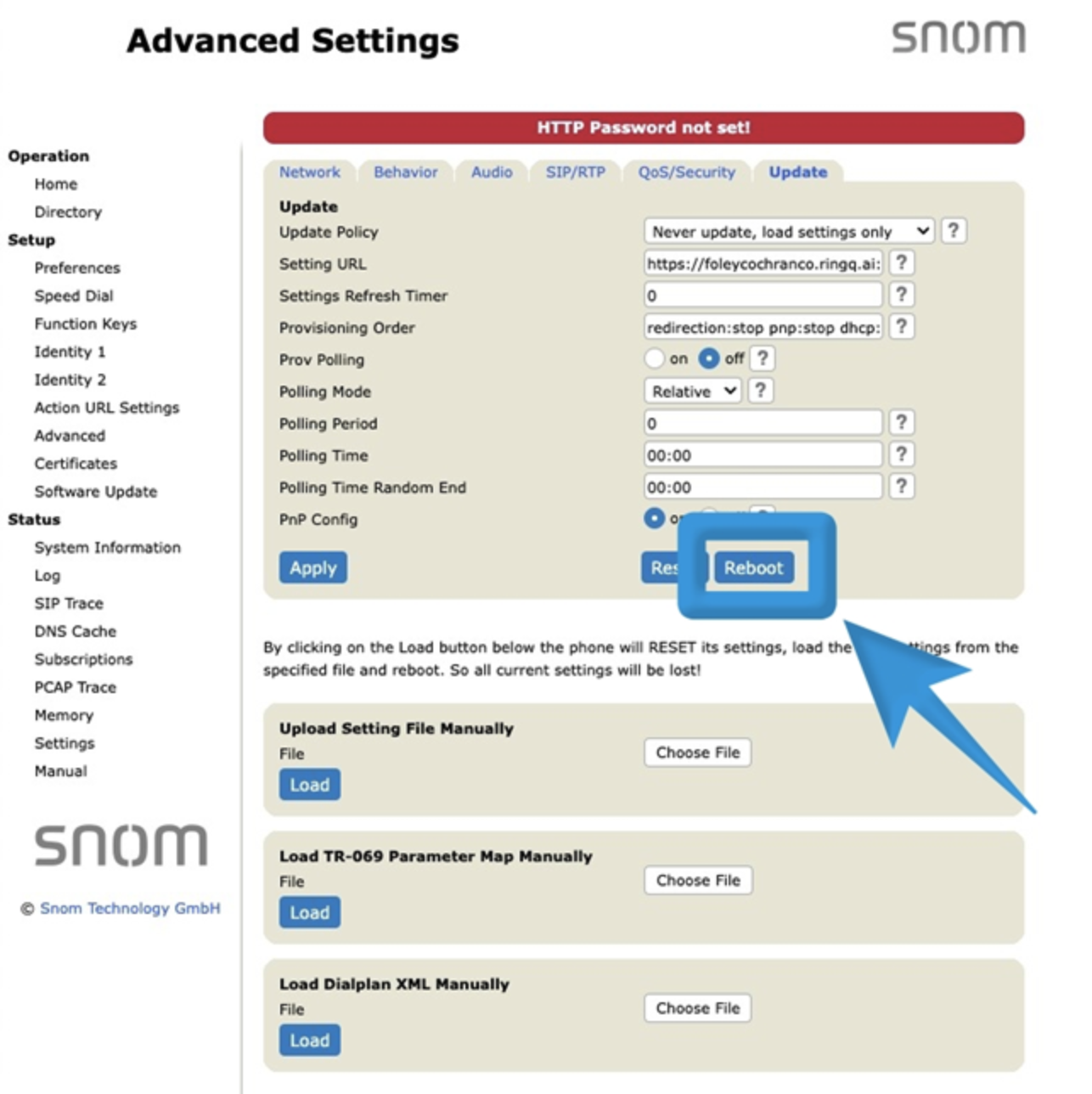 Reboot your Snom IP Phone.